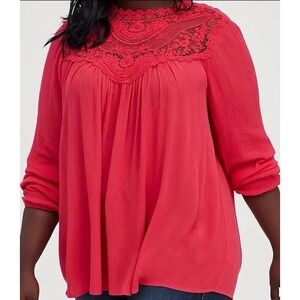 Torrid Womens 2/2X‎ Crochet Blouse Crinkle Gauze Magenta Cottagecore Bohemian